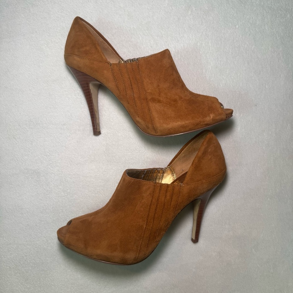 GUESS by Marciano Brown Suede Peep-Toe Heels